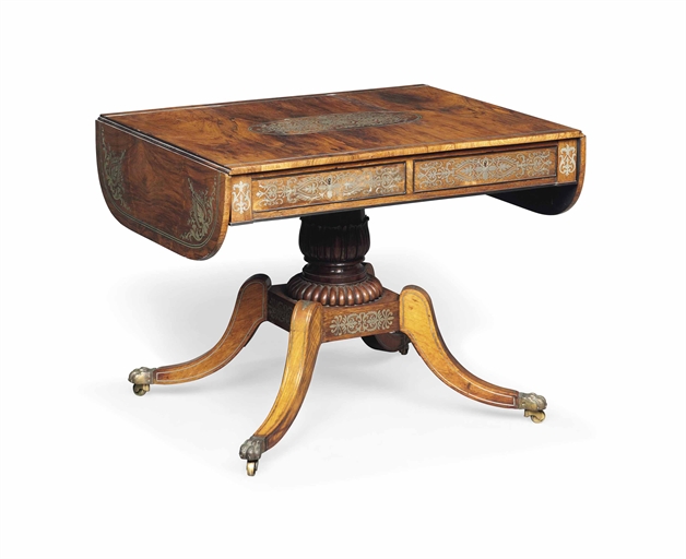 A REGENCY EBONY AND PEWTER-INLAID ROSEWOOD SOFA TABLE 
POSSIBLY BY LOUIS LE GAIGNEUR OR THOMAS