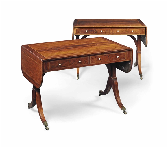 A NEAR PAIR OF GEORGE III ROSEWOOD AND INLAID SOFA TABLES 
CIRCA 1800, ATTRIBUTED TO GILLOWS 
Each