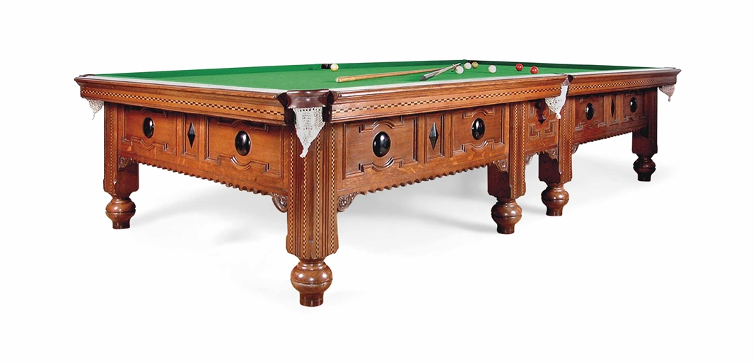 AN EDWARDIAN OAK FULL-SIZE BILLIARD TABLE 
PROBABLY BY WARING & GILLOW, LATER IMPROVEMENTS BY