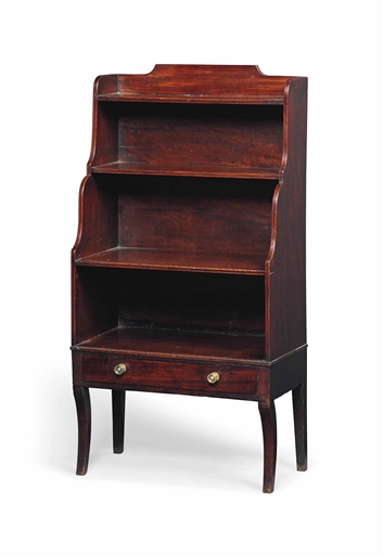 A REGENCY MAHOGANY AND EBONY LINE INLAID WATERFALL BOOKCASE 
EARLY 19TH CENTURY 
With four