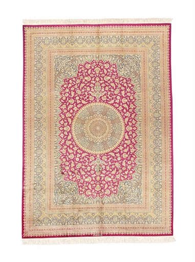 AN ETREMELY FINE SILK QUM CARPET, CENTRAL PERSIA 
CIRCA MID 20TH CENTURY, SIGNATURE, GILANI 
approx: