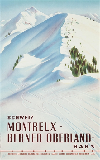 Aubert 
MONTREUX-BERNER OBERLAND-BAHN 
lithograph in colours, printed by Säuberlin & Pfeiffer S.