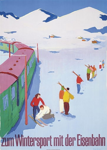 Hans Jegerlehner (1906-1974) 
ZUM WINTERSPORT MIT DER EISENBAHN 
lithograph in colours, 1950,