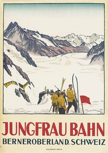 Emil Cardinaux (1877-1936) 
JUNGFRAU BAHN 
lithograph in colours, 1925, printed by Wolfsberg,