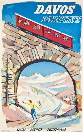 Albert Borer (1910-2004) 
DAVOS PARSENN 
lithograph in colours, 1952, printed by A. Trüb & Cie.,