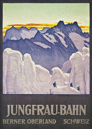 Emil Cardinaux (1877-1936) 
JUNGFRAU-BAHN 
lithograph in colours, 1910, printed by J.E.