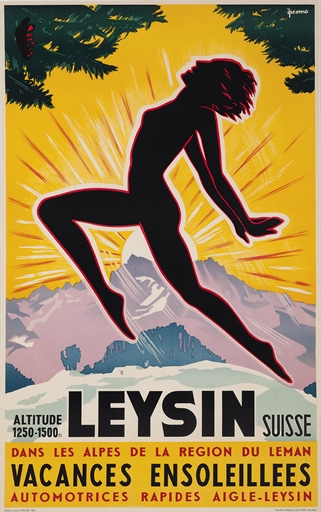 Jacomo Müller 
LEYSIN 
lithograph in colours, c.1934, printed by Marci, Bruxelles, condition A;