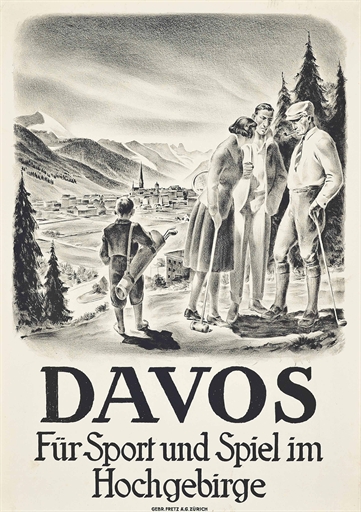 Carl Moos (1878-1959) 
DAVOS 
lithograph in colours, 1928, printed by Fretz A.G., Zürich,