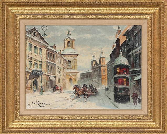 Jan Rawicz (Polish, 20th century) 
The horse coach, winter; A Snowy townscape with a horse coach