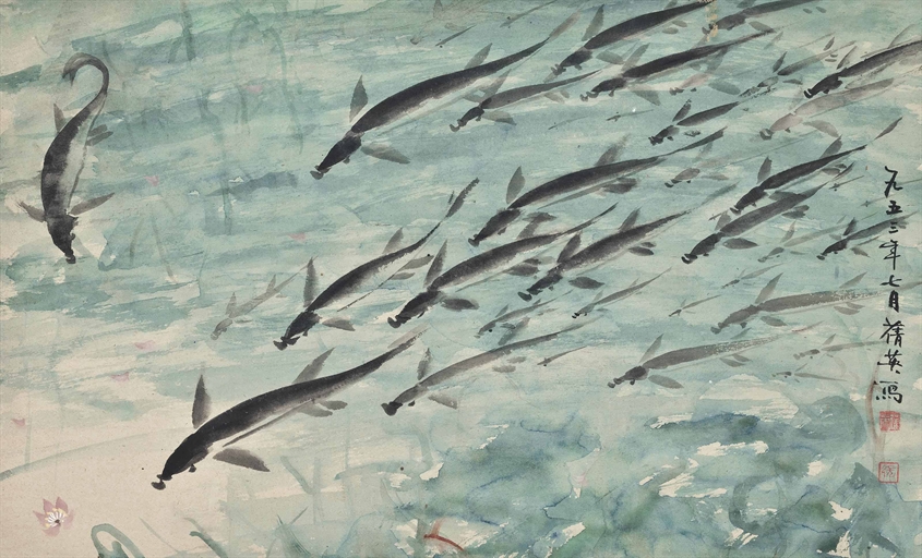 A CHINESE PAINTING OF FISH 
20TH CENTURY 
Painted on paper depicting a group of fish swimming