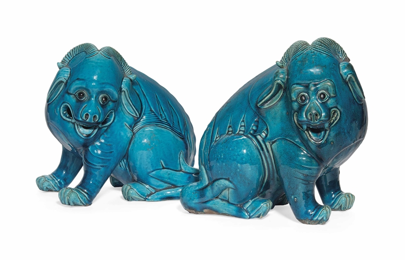 TWO CHINESE TURQUOISE-GLAZED MODELS OF MYTHICAL BEASTS 
19TH CENTURY 
Each horned beast modelled