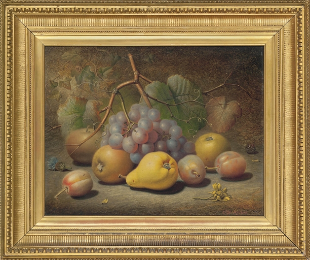 Charles Archer (1855-1931) 
Grapes, apples, plums, pear and a thistle on a mossy bank 
signed '