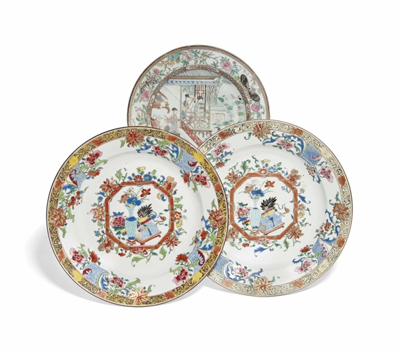 THREE CHINESE FAMILLE ROSE DISHES 
18TH CENTURY 
Comprising a matching pair of dishes decorated with
