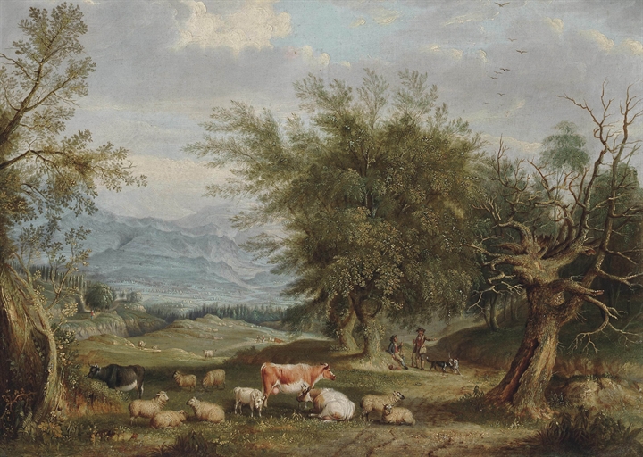 Abel Hold (1815-1891) 
Cattle and sheep in a landscape 
signed and dated 'A/HOLD/1840' (lower right)