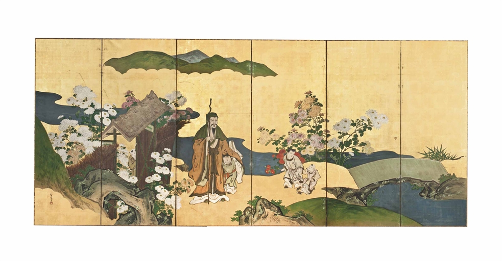 A Japanese Six-Panel Folding Screen 
With signature Tsunenobu and sealed, Edo Period (19th century)