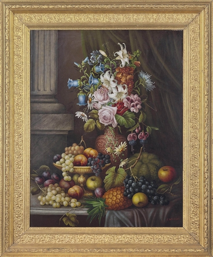 E. Steele, 19th/20th century 
Flowers in a vase, grapes, pineapple, apples, and plums on a stone
