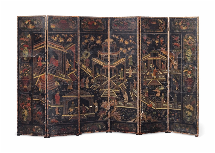 A SIX-FOLD CHINOISERIE LEATHER SCREEN 
SECOND HALF 19TH CENTURY 
Decorated with figures in Pagoda