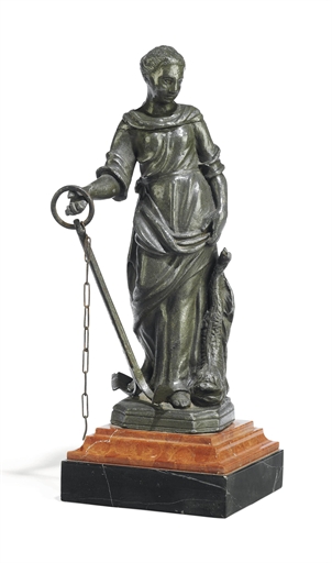 A PATINATED-LEAD MODEL EMBLEMATIC OF HOPE 
18TH CENTURY, POSSBILY ITALIAN 
Holding an anchor to