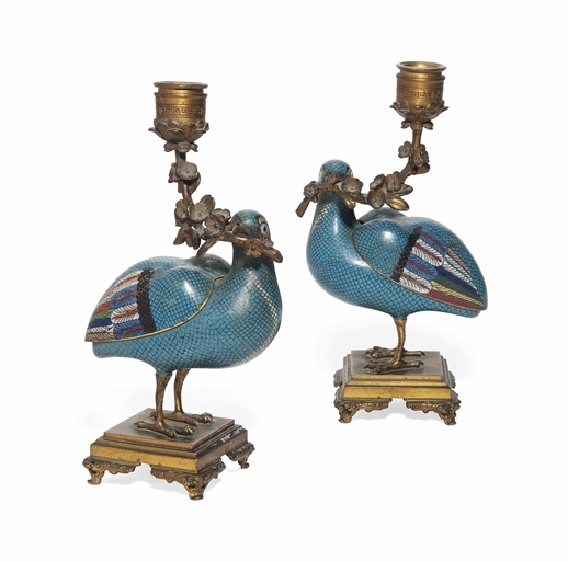 A PAIR OF CHINESE CLOISONNÉ ENAMEL STANDING QUAILS, MOUNTED AS CANDELABRA
LATE 18TH/EARLY 19TH