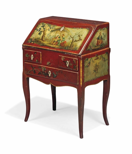 A LOUIS XV CHINOISERIE-DECORATED BUREAU 
MID-18TH CENTURY, LATER DECORATION 
Decorated in the manner