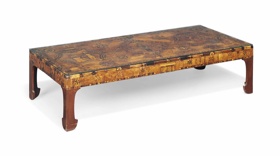 A WALNUT AND FRUITWOOD MARQUETRY AND PARQUETRY LOW TABLE 
20TH CENTURY, INCORPORATING EARLIER