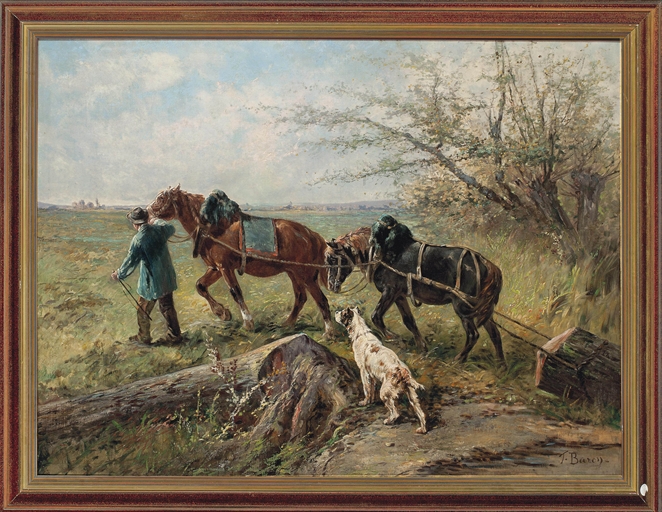 Theodore Baron (Belgian, 1840-1899) 
Lugging wood 
signed 'T. Baron' (lower right) 
oil on canvas