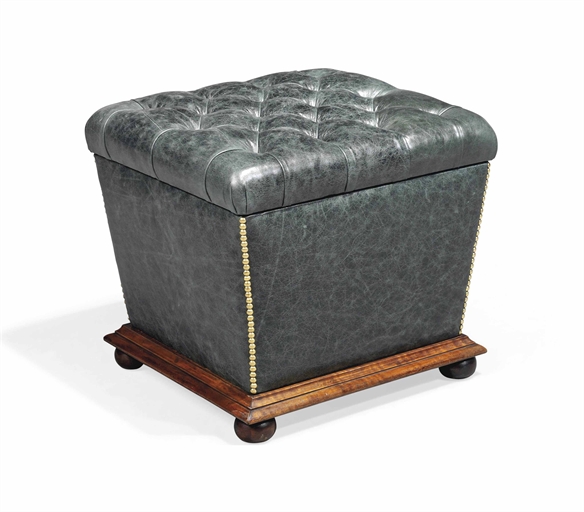 A LATE VICTORIAN GREEN LEATHER OTTOMAN 
CIRCA 1900 
Re-upholstered, with buttoned lid, mahogany