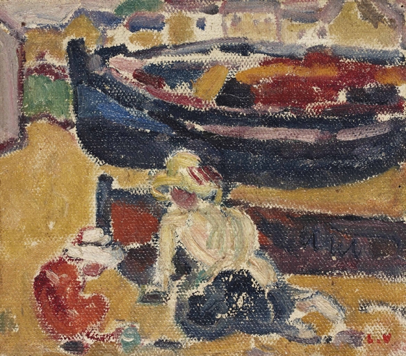 Louis Valtat (1869-1952) 
Femme et enfant jouant devant les barques 
with the atelier stamp 'L.V' (