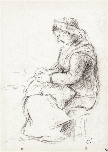 Camille Pissarro (1830-1903) 
Femme raccommodant 
with the atelier stamp 'C.P.' (Lugt 513c; lower