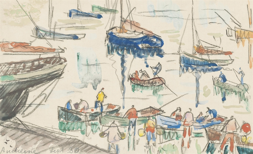 Paul Signac (1863-1935) 
Pêcheurs au port d'Andierne 
inscribed and dated 'Andierne Sept 30' (