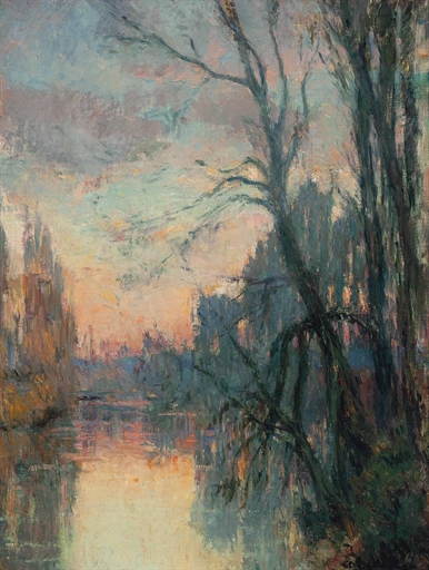 Albert Lebourg (1849-1928) 
Vue d'une rivière avec arbres au coucher du soleil 
signed '