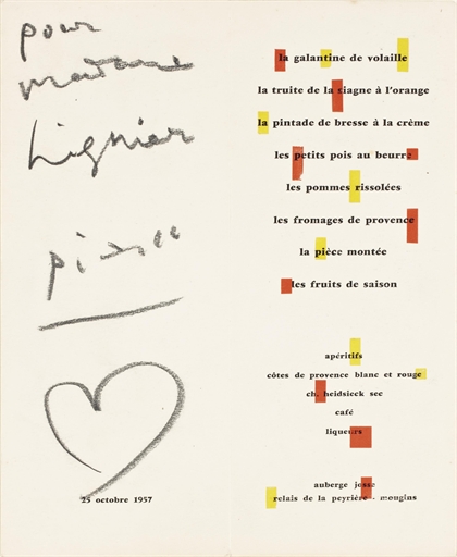 Pablo Picasso (1881-1973) 
Dédicace, coeur d'anniversaire 
signed and dedicated 'pour madame Lignier