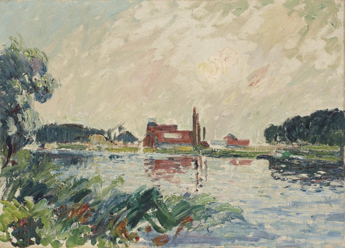 Gustave Loiseau (1865-1935) 
Usine au bord de l'Oise, environs de Pontoise 
oil on canvas 
13 1/8