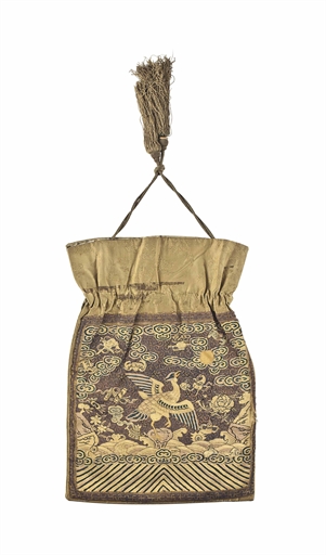 A CHINESE 'ONE HUNDRED BOYS' SILK PANEL AND A BAG MADE FROM A RANK BADGE
LATE 19TH CENTURY 
The pale