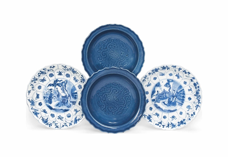 A PAIR OF CHINESE BLUE AND WHITE MOULDED DISHES AND A PAIR OF BLUE DISHES
KANGXI PERIOD (1662-1722)