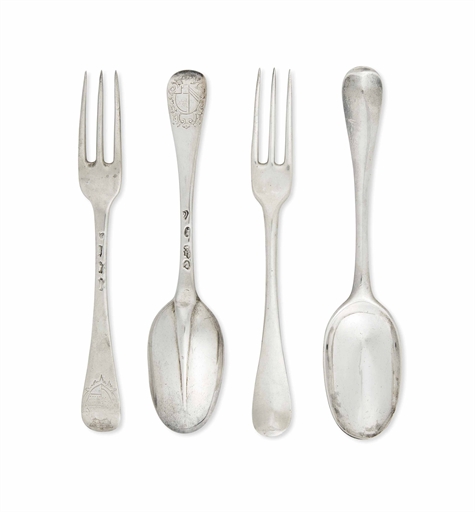 A SET OF FOUR QUEEN ANNE SILVER RAT-TAIL TABLE SPOONS AND TWO TABLE FORKS EN SUITE
MARK OF PAUL