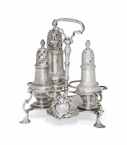 A GEORGE II SILVER WARWICK CRUET FRAME TOGETHER WITH THREE CASTERS EN SUITE AND TWO LATER GLASS