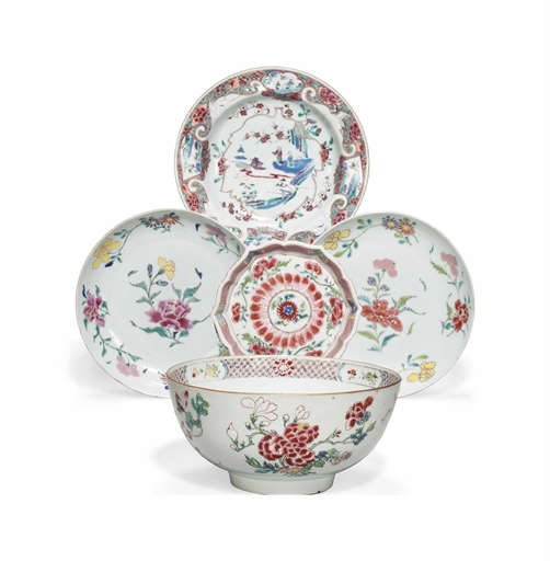 FIVE CHINESE FAMILLE ROSE VESSELS 
YONGZHENG PERIOD (1723-35) 
Comprising a bowl; two dishes; a