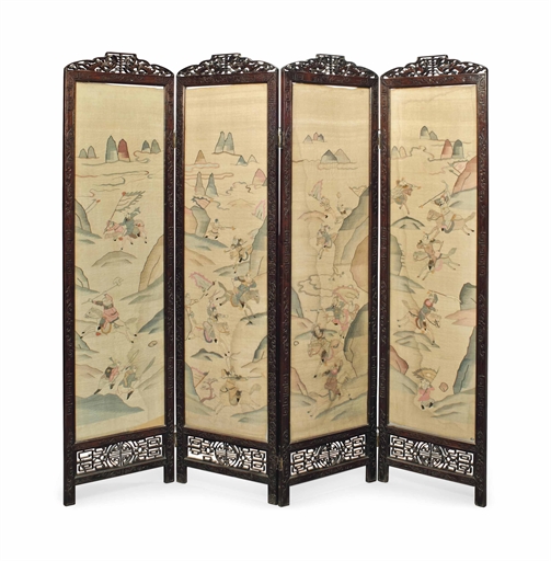 A CHINESE FOUR-FOLD HARDWOOD SCREEN WITH KESI LEAVES 
LATE 19TH/EARLY 20TH CENTURY 
Woven with
