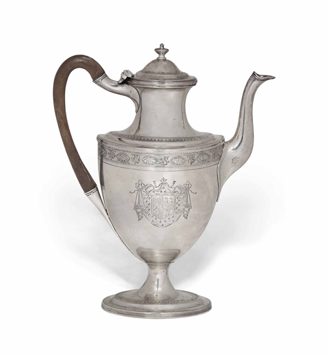 A GEORGE III SILVER VASE-SHAPED COFFEE POT 
MARK OF ROBERT & DAVID HENNELL, LONDON, 1795 
With