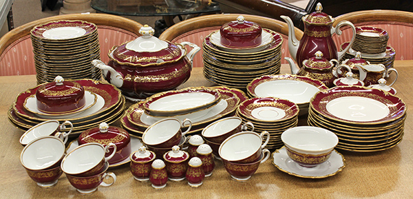 German porcelain china service (lot of 123) German porcelain burgundy and gilt border china