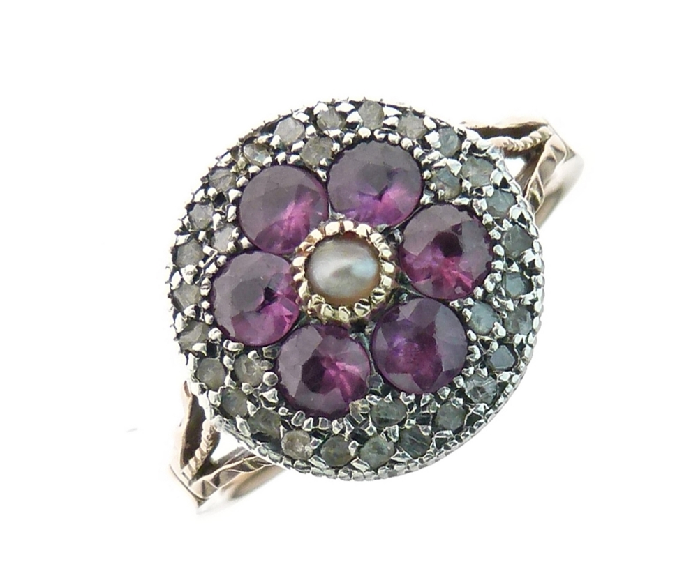 Rhodolite garnet, diamond and seed pearl cluster ring, the central pearl (untested and