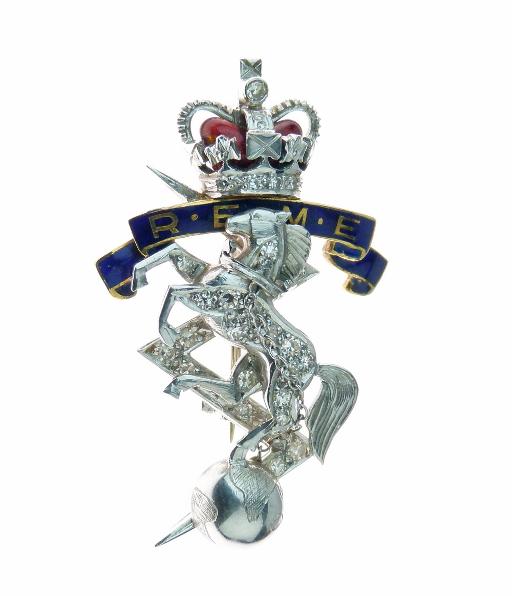 Royal Electrical & Mechanical Engineers diamond and enamel Regimental sweetheart brooch, with enamel