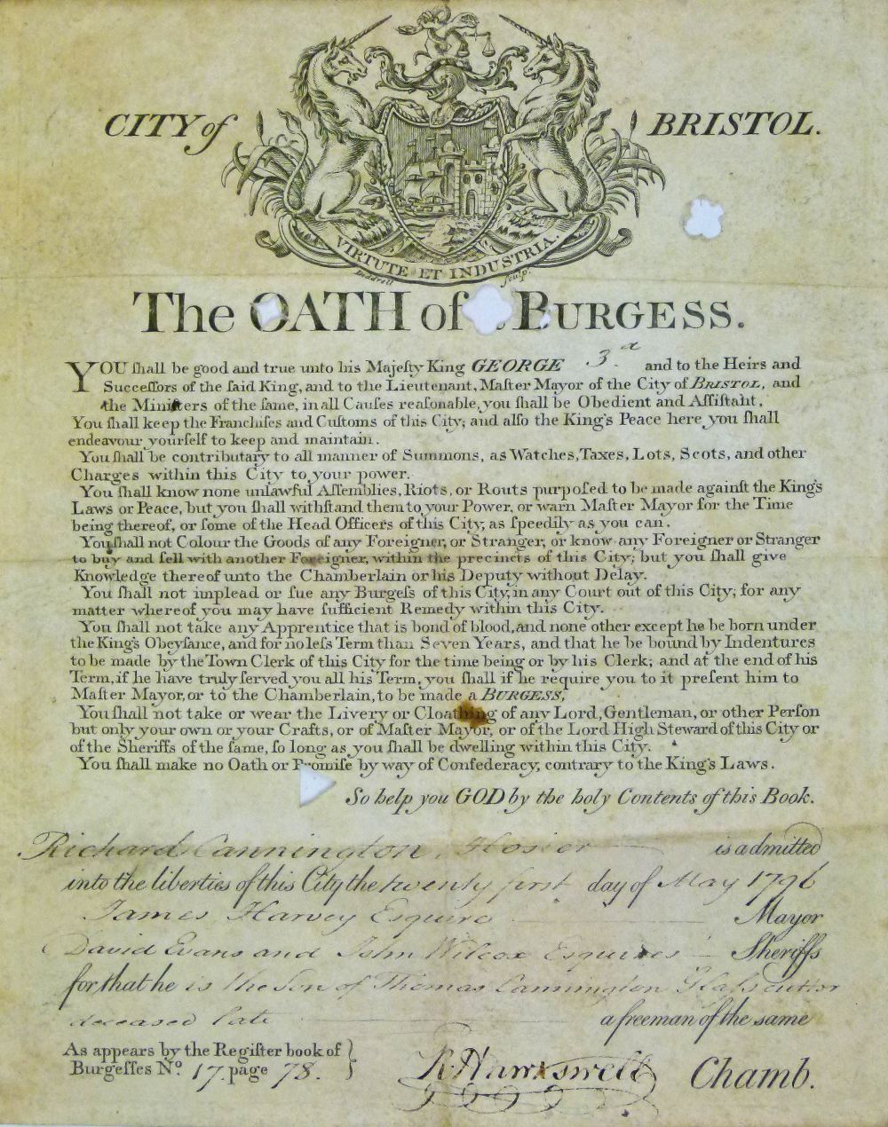 George III City Of Bristol ‘Oath Of A Burgess’, awarded to Richard Cannington Hosier and dated May