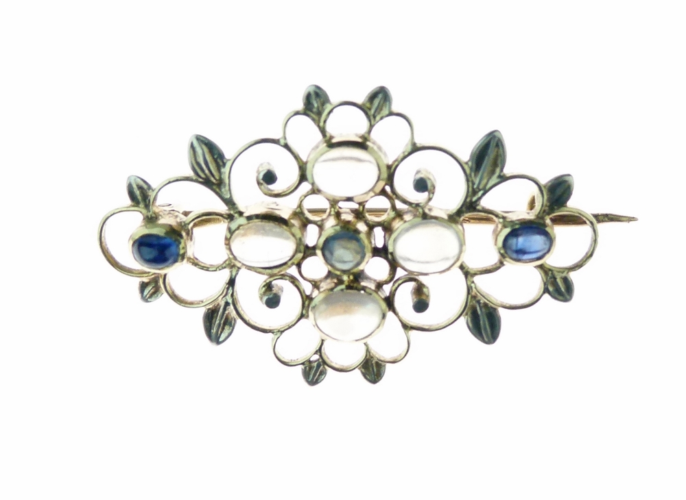 Liberty & Co moonstone and sapphire Art Nouveau brooch, the four moonstones with three small
