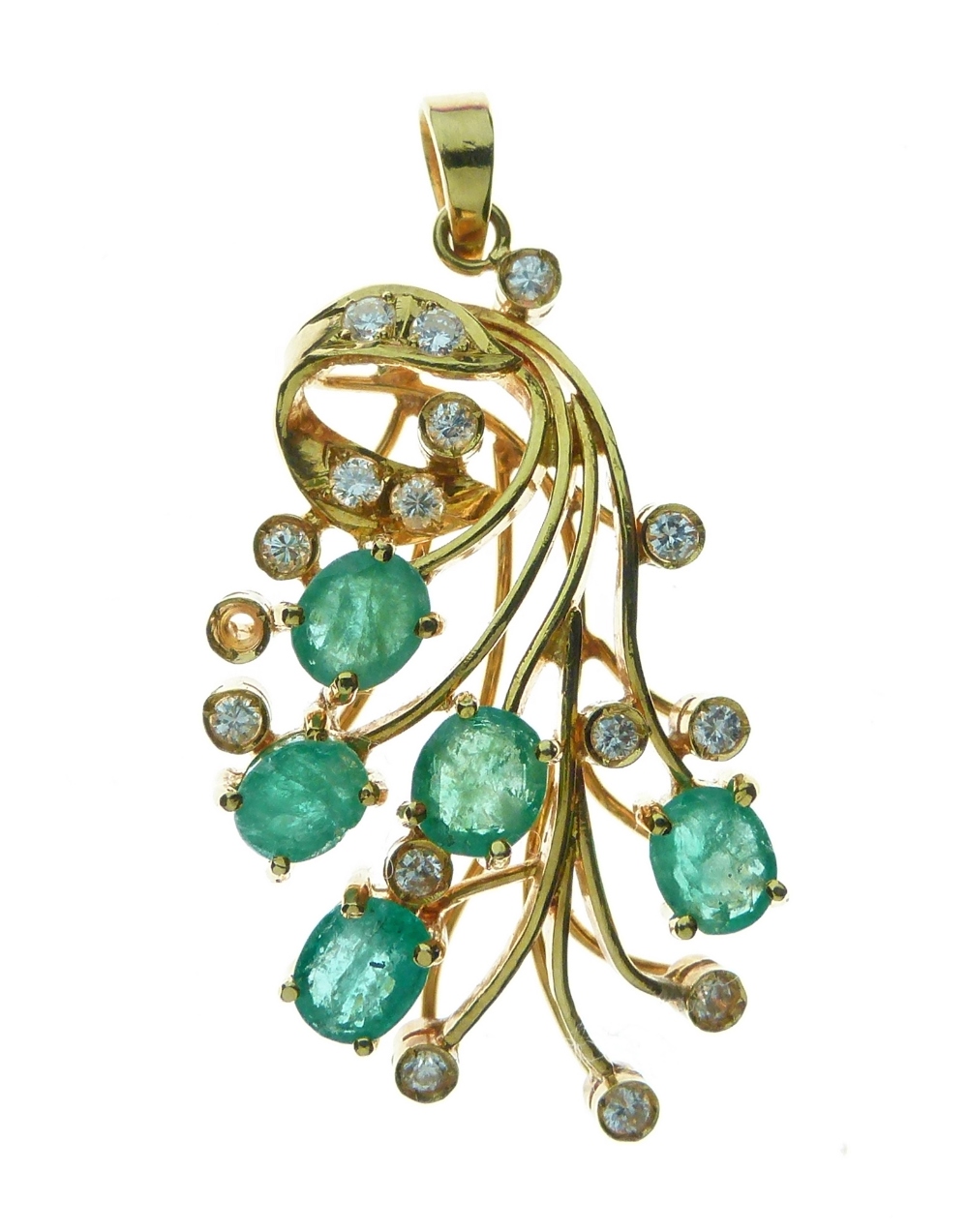 Diamond and emerald spray pendant, set with five oval cut emeralds and fifteen brilliant cut