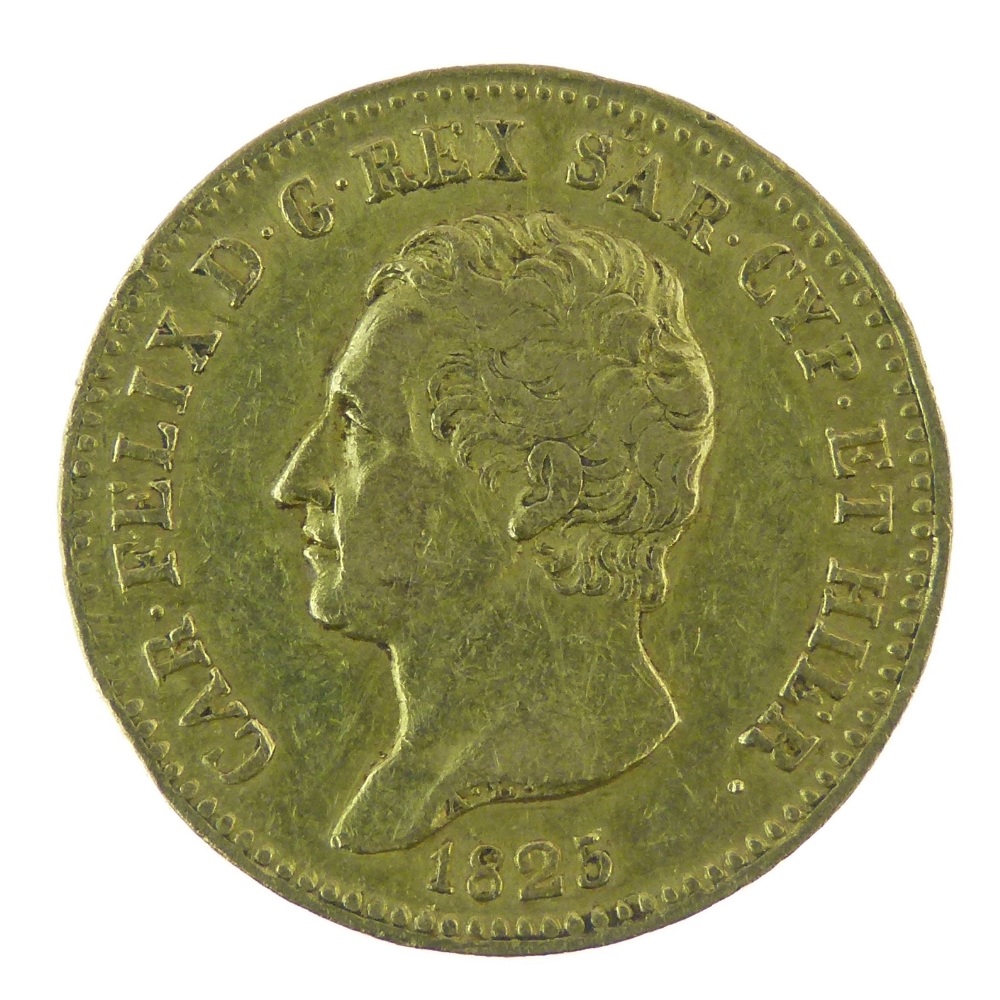 Sardinia gold 20 lira coin, 1825