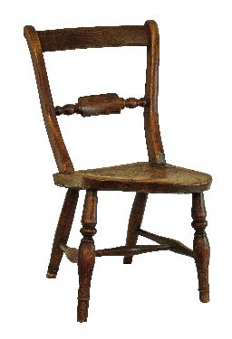 Victorian child’s elm and beech yoke back chair having a hard seat and standing on tapered turned