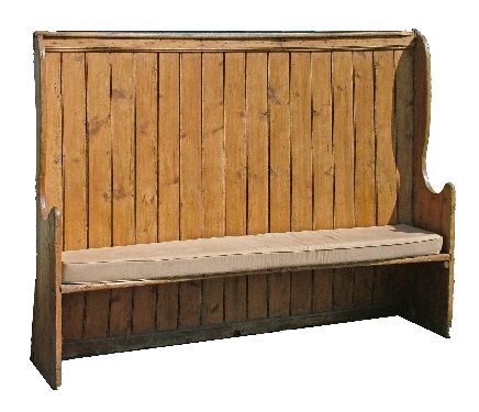 19th Century stripped pine curved wing back settle having a tongue-and-groove back, 224cm wide