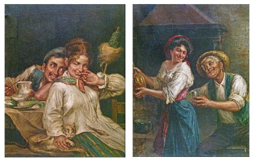 Raffaele Frigerio (Italian fl.1900-1920) - Pair of oils on canvas - Flirtation and The Toast, each
